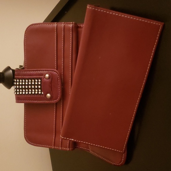 Red Textured Leather Wallet with Rhinestone Magnetic Snap Closure - Picture 5 of 14